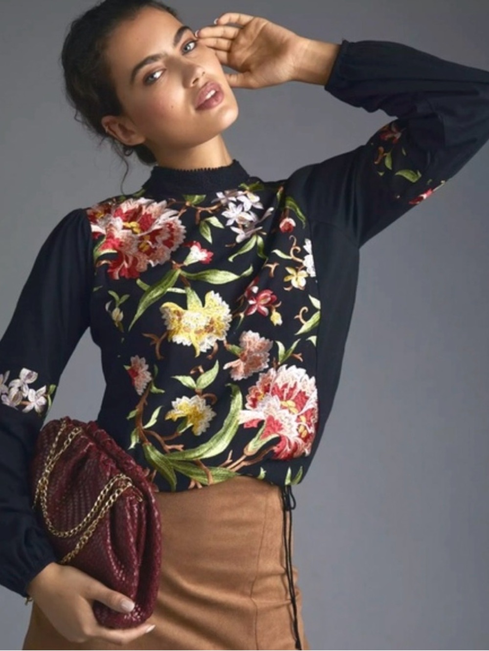 Anthropologie Black Floral Embroidered Mock Neck Blouse